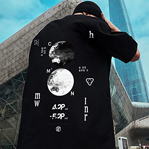 XYXIONGMAO Moon Space NASA Tshirt Techwear Shirt Cyberpunk Japanese Streetwear Hip Hop Shirts Men Graphic T Men's Loose Couple T-Shirt Goth Black Tee (Black, 2XL)