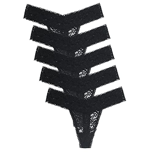 Womens Black Lace Thong Panties Sexy Soft Cmfy Lacy Thongs Underwear Plus Size Pack of 5