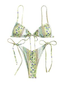 wdirara women's floral print tie side swimwear straps bikini sets swimsuits green s