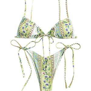 WDIRARA Women's Floral Print Tie Side Swimwear Straps Bikini Sets Swimsuits Green S