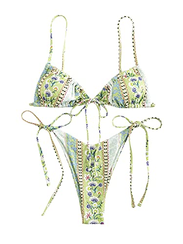 WDIRARA Women's Floral Print Tie Side Swimwear Straps Bikini Sets Swimsuits Green S