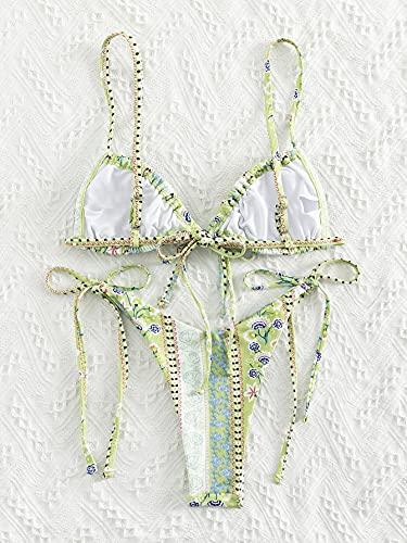 WDIRARA Women's Floral Print Tie Side Swimwear Straps Bikini Sets Swimsuits Green S