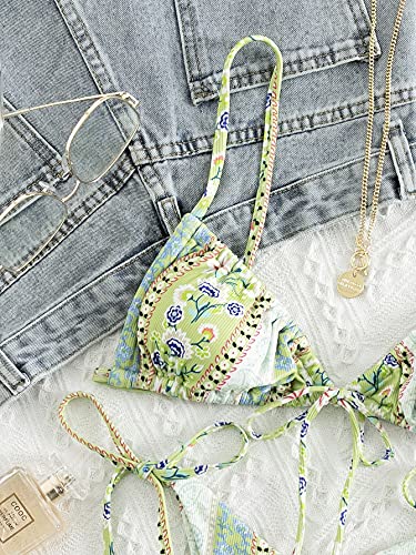 WDIRARA Women's Floral Print Tie Side Swimwear Straps Bikini Sets Swimsuits Green S