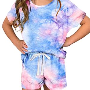 Dokotoo Girls Summer Cute T-Shirt Shorts Set Outfits Short Sleeve Tops Tee Shirts Clothes Crew Neck Tie Dye Stretchy Shorts Fashion Clothing with Side Pockets Size 8-9 Sky Blue