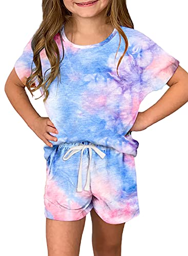 Dokotoo Girls Summer Cute T-Shirt Shorts Set Outfits Short Sleeve Tops Tee Shirts Clothes Crew Neck Tie Dye Stretchy Shorts Fashion Clothing with Side Pockets Size 8-9 Sky Blue