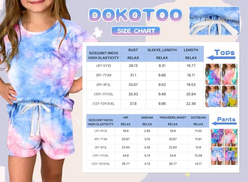 Dokotoo Girls Summer Cute T-Shirt Shorts Set Outfits Short Sleeve Tops Tee Shirts Clothes Crew Neck Tie Dye Stretchy Shorts Fashion Clothing with Side Pockets Size 8-9 Sky Blue