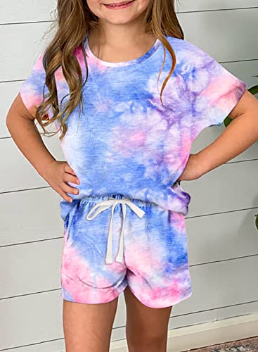 Dokotoo Girls Summer Cute T-Shirt Shorts Set Outfits Short Sleeve Tops Tee Shirts Clothes Crew Neck Tie Dye Stretchy Shorts Fashion Clothing with Side Pockets Size 8-9 Sky Blue