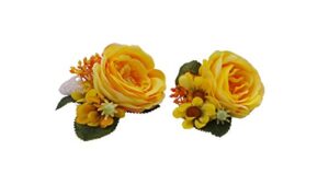 ansuma rose wrist corsage wristlet band bracelet and men boutonniere set for wedding flowers accessories prom suit decorations (yellow)