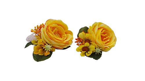 Ansuma Rose Wrist Corsage Wristlet Band Bracelet and Men Boutonniere Set for Wedding Flowers Accessories Prom Suit Decorations (Yellow)