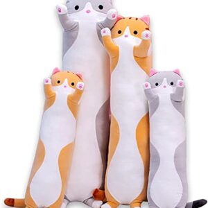 Cute Cat Plush Long Body Pillow Cuddle Cartoon Stuffed Animals Cat Plushie Soft Doll Pillows Gifts for Kids Girls (Orange, 19")