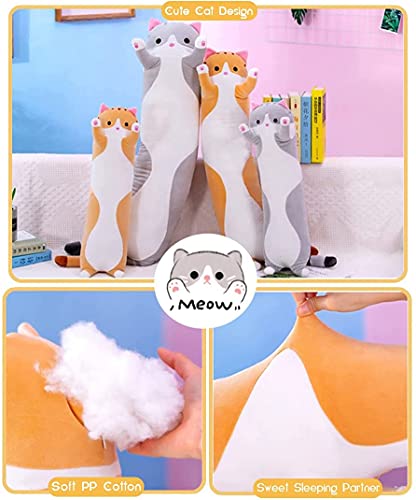 Cute Cat Plush Long Body Pillow Cuddle Cartoon Stuffed Animals Cat Plushie Soft Doll Pillows Gifts for Kids Girls (Orange, 19")