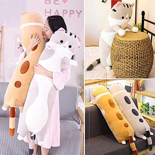 Cute Cat Plush Long Body Pillow Cuddle Cartoon Stuffed Animals Cat Plushie Soft Doll Pillows Gifts for Kids Girls (Orange, 19")