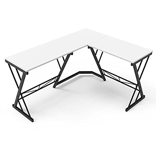 DORPU L-Shaped Corner Desk, Computer Gaming Table Desk 60 inch, Modern Writing Study Table Desk for Home Office, Simple Style White PC Desk with Metal Frame, Space-Saving, Easy to Assemble