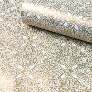 17.7x117 inches self adhesive vinyl vintage floral dresser drawer liner contact paper shelf liner for kitchen cabinets cupboard door bookshelves funiture table walls decor (gold)