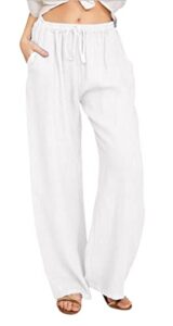 chartou women's summer drawstring waist wide leg loose cotton linen palazzo pants (large, white)