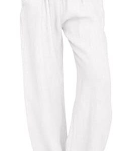 CHARTOU Women's Summer Drawstring Waist Wide Leg Loose Cotton Linen Palazzo Pants (Large, White)