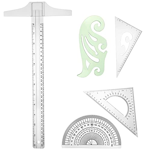 5 Pieces Drafting Tools Plastic Transparent Rulers Drawing Ruler 12 Inch T-Square 180 Degree Protractor, 2 Triangles and a French Curve for Students and Engineering Drawing