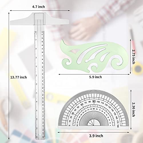 5 Pieces Drafting Tools Plastic Transparent Rulers Drawing Ruler 12 Inch T-Square 180 Degree Protractor, 2 Triangles and a French Curve for Students and Engineering Drawing