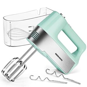redmond hand mixer electric, 5-speed hand mixer with measuring storage case, kitchen handheld mixer includes dough hooks, whisk and beaters for cream, cake, cookies, eggs 250w hand mixer with measuring box, hm018 mint green