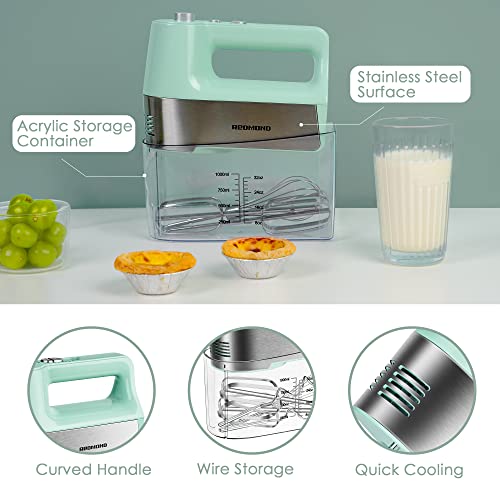 REDMOND Hand Mixer Electric, 5-Speed Hand Mixer with Measuring Storage Case, Kitchen Handheld Mixer Includes Dough Hooks, Whisk and Beaters for Cream, Cake, Cookies, Eggs 250W Hand Mixer with Measuring Box, HM018 Mint Green