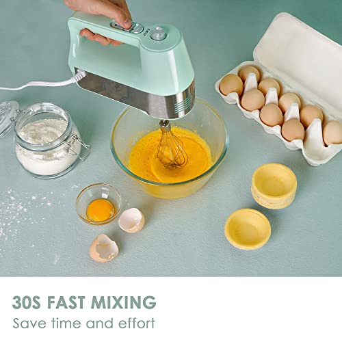 REDMOND Hand Mixer Electric, 5-Speed Hand Mixer with Measuring Storage Case, Kitchen Handheld Mixer Includes Dough Hooks, Whisk and Beaters for Cream, Cake, Cookies, Eggs 250W Hand Mixer with Measuring Box, HM018 Mint Green