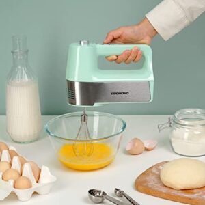 REDMOND Hand Mixer Electric, 5-Speed Hand Mixer with Measuring Storage Case, Kitchen Handheld Mixer Includes Dough Hooks, Whisk and Beaters for Cream, Cake, Cookies, Eggs 250W Hand Mixer with Measuring Box, HM018 Mint Green