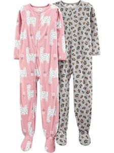simple joys by carter's girls' loose-fit fleece footed pajamas, pack of 2, llama/leopard, 8