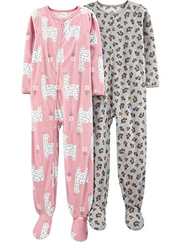 Simple Joys by Carter's Girls' Loose-Fit Fleece Footed Pajamas, Pack of 2, Llama/Leopard, 8