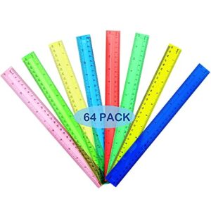 lydtick 64 pack rulers 12 inch in bulk, plastic rulers for kids back to school supplies rulers for office with centimeters and inches, 8 assorted colors