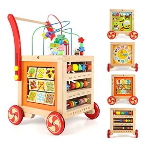 gemileo wooden activity cube baby push walker for kids baby one 1, 2 year old boy gifts toys developmental toddler educational learning boy toys 12-18 months bead maze, first birthday gifts