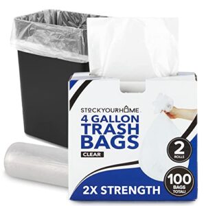 stock your home clear 4 gallon trash bag (100 pack) un-scented small garbage bags for bathroom can, mini waste basket liner, plastic liners for office trashcan and dog poop, bulk household supplies