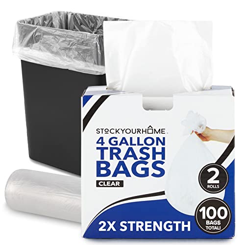 Stock Your Home Clear 4 Gallon Trash Bag (100 Pack) Un-Scented Small Garbage Bags for Bathroom Can, Mini Waste Basket Liner, Plastic Liners for Office Trashcan and Dog Poop, Bulk Household Supplies