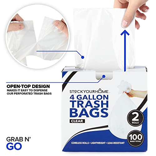 Stock Your Home Clear 4 Gallon Trash Bag (100 Pack) Un-Scented Small Garbage Bags for Bathroom Can, Mini Waste Basket Liner, Plastic Liners for Office Trashcan and Dog Poop, Bulk Household Supplies