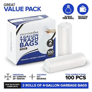 Stock Your Home Clear 4 Gallon Trash Bag (100 Pack) Un-Scented Small Garbage Bags for Bathroom Can, Mini Waste Basket Liner, Plastic Liners for Office Trashcan and Dog Poop, Bulk Household Supplies