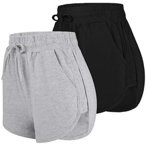 uratot 2 pack m cotton yoga short women summer running gym sports waistband shorts with pockets, black, light grey