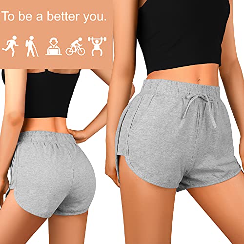 URATOT 2 Pack M Cotton Yoga Short Women Summer Running Gym Sports Waistband Shorts with Pockets, Black, Light Grey