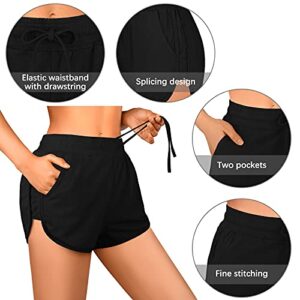 URATOT 2 Pack M Cotton Yoga Short Women Summer Running Gym Sports Waistband Shorts with Pockets, Black, Light Grey