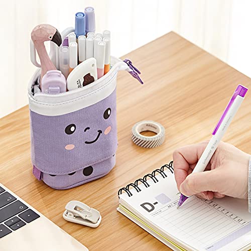 ANGOOBABY Standing Pencil Case Cute Telescopic Pen Holder Kawaii Stationery Pouch Makeup Cosmetics Bag for School Students Office Women Teens Girls Boys (Purple)