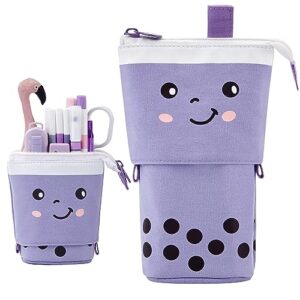angoobaby standing pencil case cute telescopic pen holder kawaii stationery pouch makeup cosmetics bag for school students office women teens girls boys (purple)