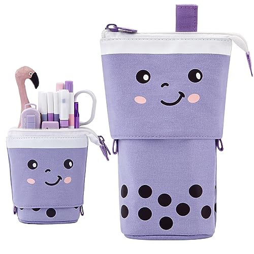 ANGOOBABY Standing Pencil Case Cute Telescopic Pen Holder Kawaii Stationery Pouch Makeup Cosmetics Bag for School Students Office Women Teens Girls Boys (Purple)