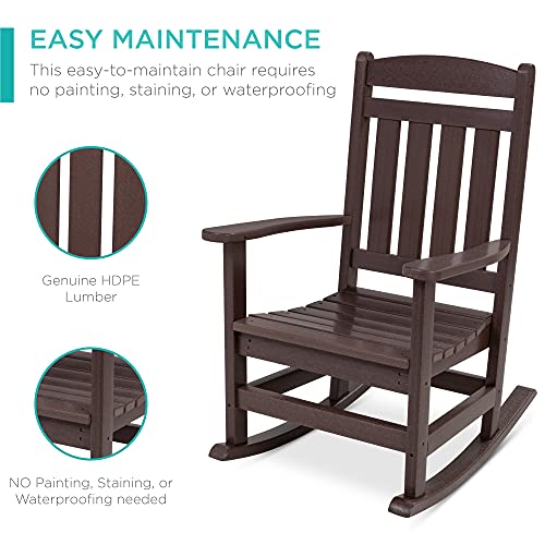 Best Choice Products All-Weather Rocking Chair, Indoor Outdoor HDPE Porch Rocker for Patio, Balcony, Backyard, Living Room w/ 300lb Weight Capacity, Contoured Seat - Brown