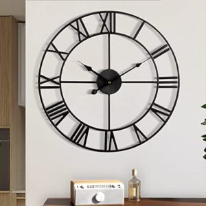 large wall clock metal retro roman numeral clock, modern round clocks almost silent, easy to read for living room/home/kitchen/bedroom/office/school decor (black, 16 inch)