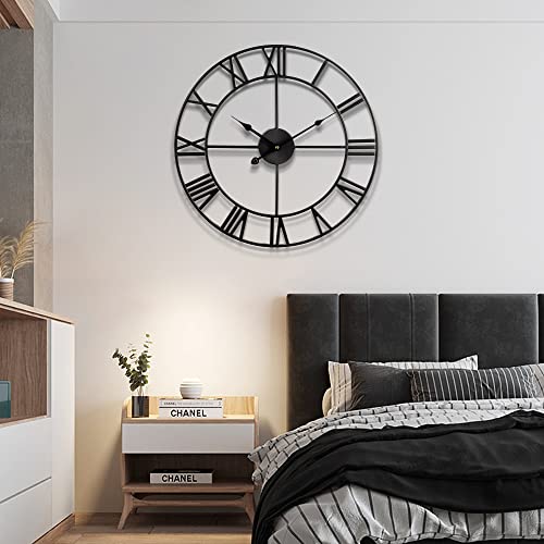 Large Wall Clock Metal Retro Roman Numeral Clock, Modern Round Clocks Almost Silent, Easy to Read for Living Room/Home/Kitchen/Bedroom/Office/School Decor (Black, 16 Inch)