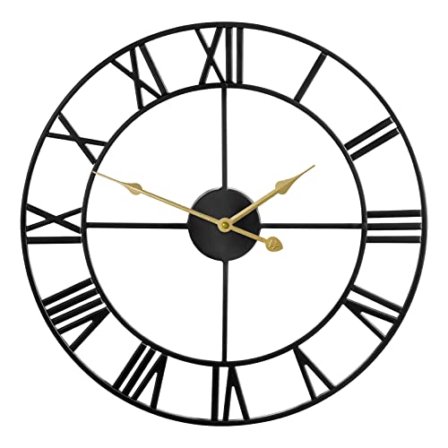 Large Wall Clock Metal Retro Roman Numeral Clock, Modern Round Clocks Almost Silent, Easy to Read for Living Room/Home/Kitchen/Bedroom/Office/School Decor (Black, 16 Inch)