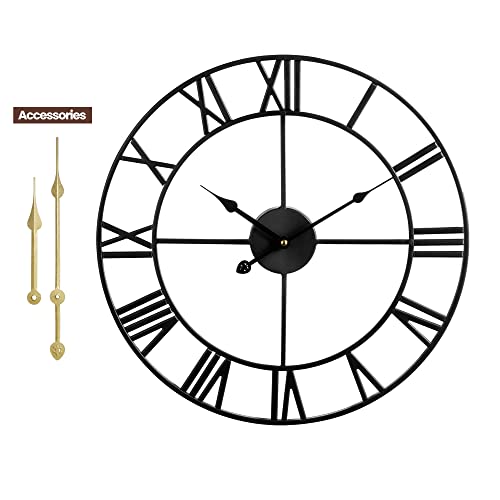 Large Wall Clock Metal Retro Roman Numeral Clock, Modern Round Clocks Almost Silent, Easy to Read for Living Room/Home/Kitchen/Bedroom/Office/School Decor (Black, 16 Inch)