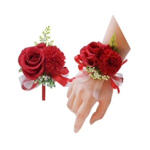 2 Pack Flower Wrist Corsage Boutonniere Set,3" Artificial Rose and Carnation Handmade Silk Flower for Wedding Flowers Accessories Prom Suit Decor (Red)