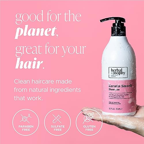 Herbalosophy Keratin Shampoo & Conditioner Set (Package May Vary), Smoothing, Nourishing & Moisturizing Formula for Damaged and Dry Hair, Extra Strength Hydrate & Repair for Color Treated Hair, Anti Frizz, Free of Sulfate, Parabens and Gluten, 2 x 16.9 Fl