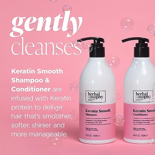 Herbalosophy Keratin Shampoo & Conditioner Set (Package May Vary), Smoothing, Nourishing & Moisturizing Formula for Damaged and Dry Hair, Extra Strength Hydrate & Repair for Color Treated Hair, Anti Frizz, Free of Sulfate, Parabens and Gluten, 2 x 16.9 Fl