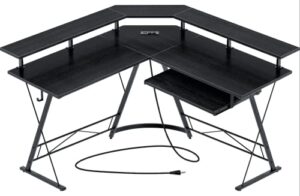rolanstar computer desk l shaped, gaming desk with power outlet, 54” reversible desk with monitor stand and keyboard tray, home office desk with hook, black