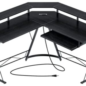 Rolanstar Computer Desk L Shaped, Gaming Desk with Power Outlet, 54” Reversible Desk with Monitor Stand and Keyboard Tray, Home Office Desk with Hook, Black